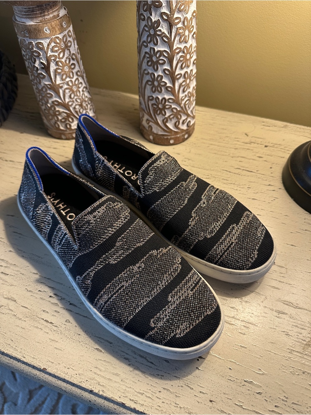 Rothy's The Original Slip On Sneakers Flats Shoes Black Gold Animal Print 10